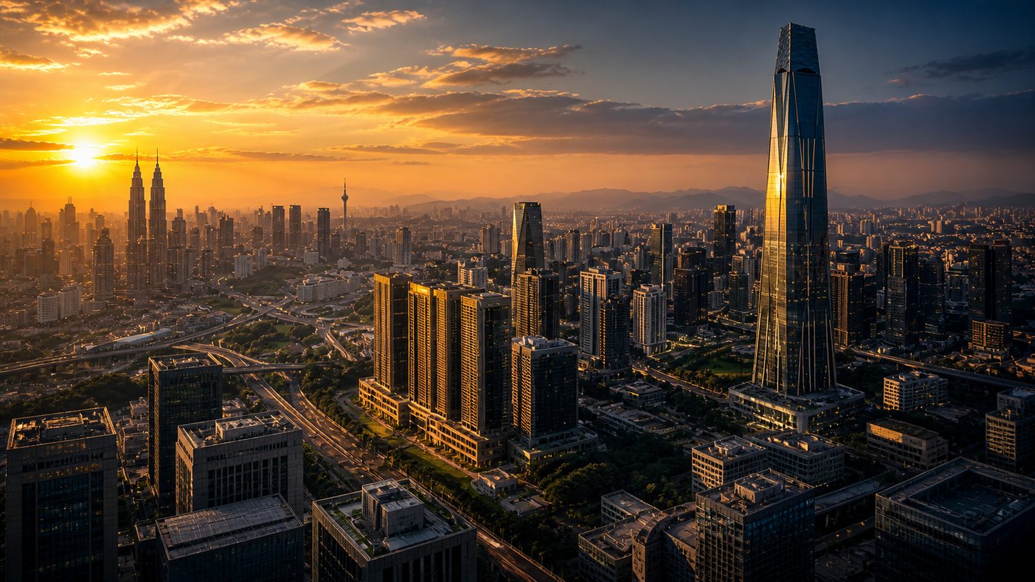 Kuala Lumpur skyline at golden hour, with Petronas Twin Towers and Exchange 106